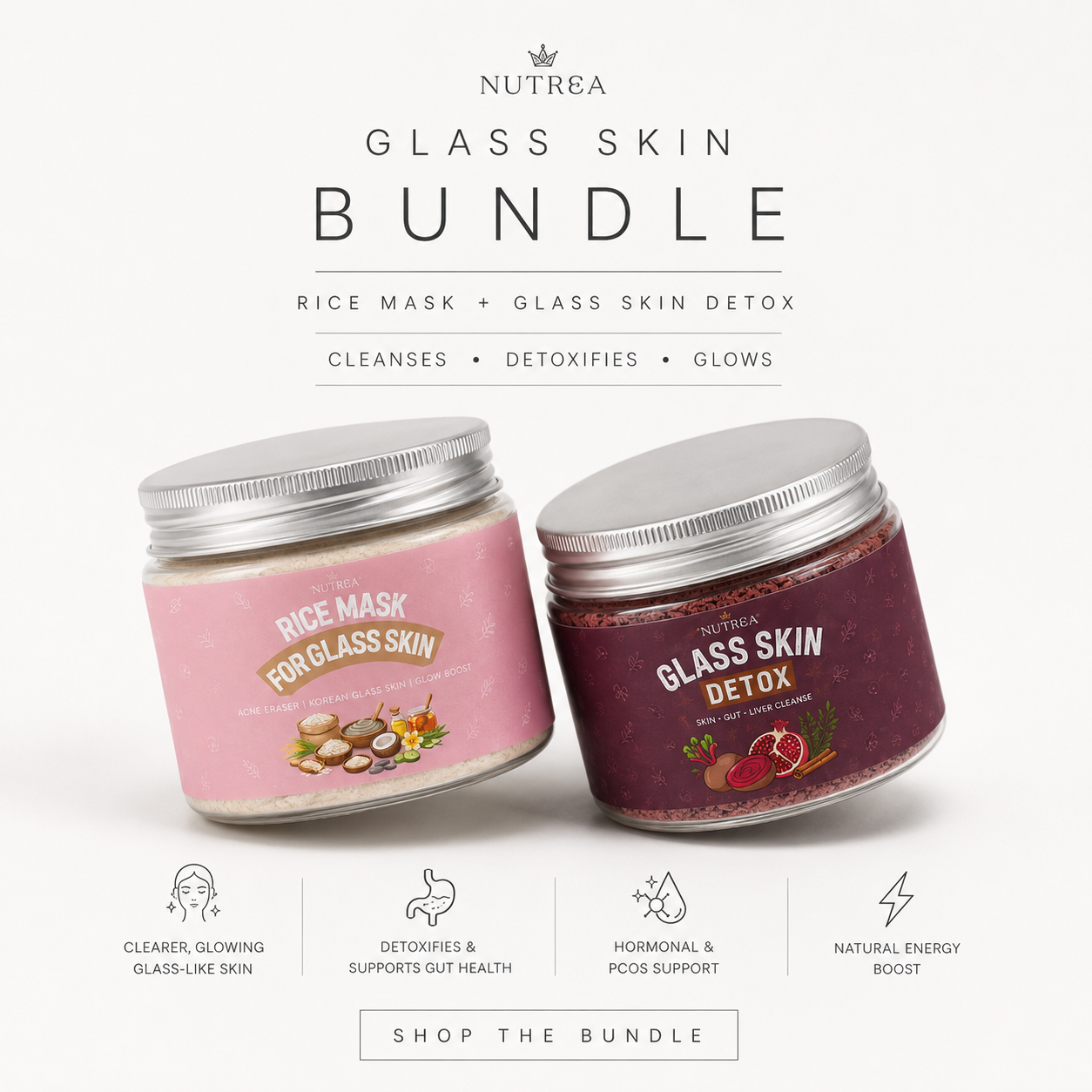NUTREA Glass Skin Bundle- Glass skin beetroot detox + Rice Mask